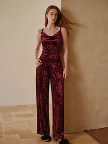 MOTF PREMIUM WOMEN'S PLEATED CAMI TOP AND PANTS CASUAL DAILY HOME SLEEPWEAR SET - Burgundy - View 7