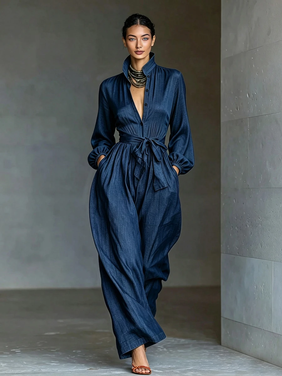 SHEIN Women's Solid Color Waist Knot Casual Daily Wear Wide Leg Jumpsuit - Navy Blue - View 1