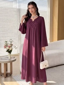 Al Najma Burgundy Abaya Muslim Dress, Woven Textured VNeck Bell Flare Sleeve Loose Flowy Soft Fabric Arabic Robe For Daily Party Evening, Modest Elegant - Burgundy - View 6