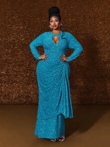 Maweii Plus Size Women's Elegant Textured Fabric Round Neck Long Sleeve Slim Fit Dress Fall - Blue - View 1