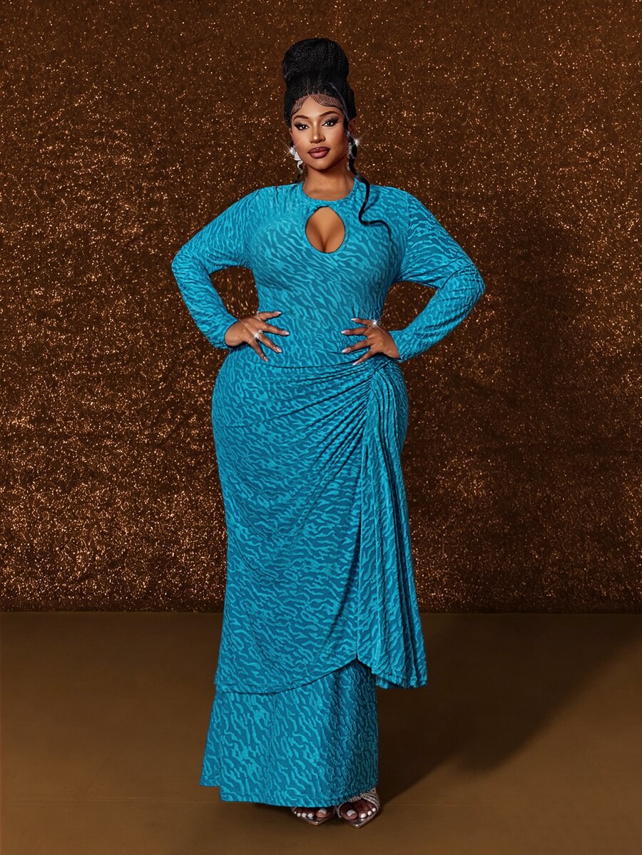 Maweii Plus Size Women's Elegant Textured Fabric Round Neck Long Sleeve Slim Fit Dress Fall - Blue - View 1