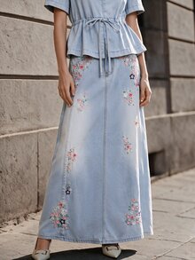 Anewsta Women's New Fashion Glamorous Elegant Heavy Embroidery Blue Jeans Set - Blue - View 4