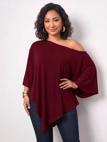 Enliva Plus-Size Knitted One-Shoulder Asymmetrical Pleated Cape Top - Burgundy - View 5