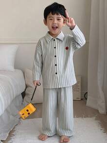 Dazy Kids Young Boy Button Long Sleeve Top And Striped Long Pants Loungewear Set - Teal Blue - View 3
