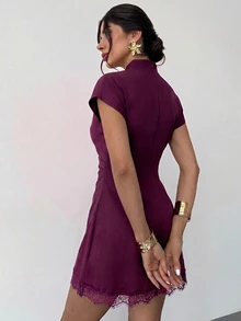 Firerie Women's Vintage Lace Patchwork Pleated Dress - Red Violet - View 2