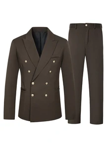 Manfinity Mode Men's Dark Brown Double-Breasted Gold Button Suit Set, Business Slim Fit Wedding Banquet 2 Pieces - Brown - View 7