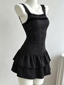 Sweetra CURVE Women's Black Vertical Striped Spaghetti Strap Dress, Lace Trim Wide Strap Sleeveless Square Neck, Front Button, Double Layer Ruffle Hem Skirt Plus Size Dress - Black - View 4