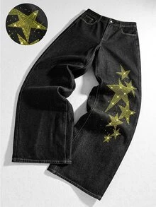 ROMWE MEN Street Life Celana Jeans Denim Pria Berbahan Logam Tebal dengan Hiasan Bintang Lima Titik dan Rhinestone, Nyaman, Kasual, dan Serbaguna. - Hitam - View 1