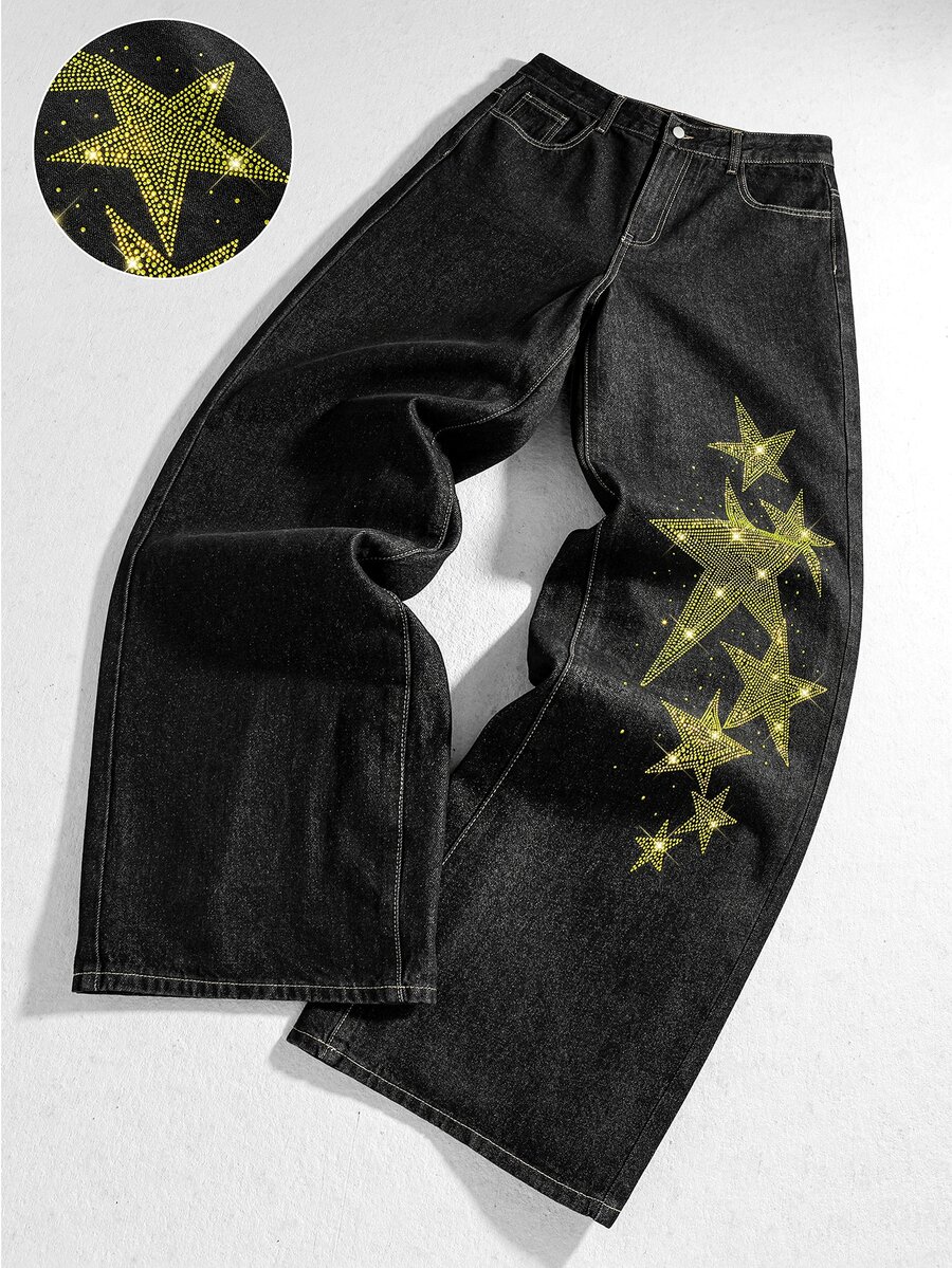 ROMWE MEN Street Life Celana Jeans Denim Pria Berbahan Logam Tebal dengan Hiasan Bintang Lima Titik dan Rhinestone, Nyaman, Kasual, dan Serbaguna. - Hitam - View 1