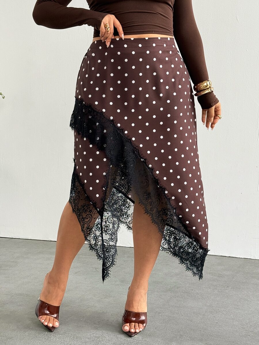 Firerie Plus Size French Polka Dot Lace Asymmetrical Hem Skirt - Brown - View 1