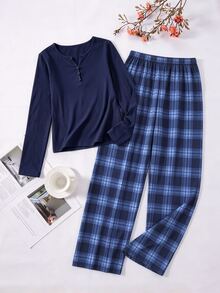 Teen Girl Button Half-Placket Long Sleeve Top And Plaid Pants Loungewear Set - Navy Blue - View 6