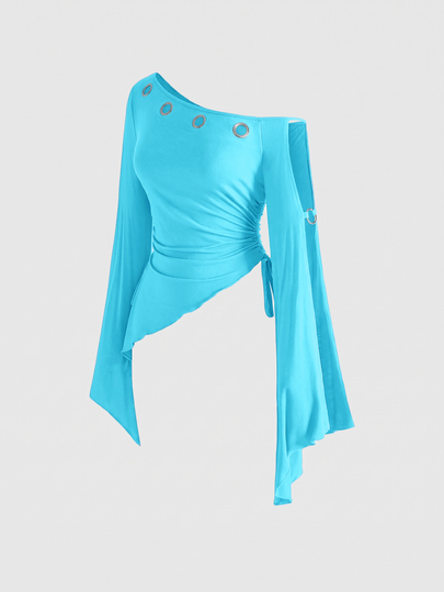 ROMWE Avant Vintage Asymmetrical Shoulder Cinched Waist Flared Sleeve Eyelet Casual Batwing Sleeve Women's T-Shirt