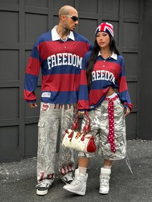 Coolane 男女款冬季街頭風休閒外出紅色條紋圖案運動休閒寬鬆長袖 Polo T恤，情侶同款 - 紅色 - 查看 2