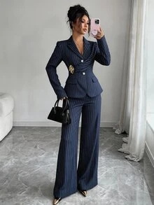 SHEIN Tall Spring New Blue Striped Elegant Commuter Style Waist-Cinching Flared Pants With Decorative Buckle And Pleated Design, 2 Pieces Set For Tall Women - Navy Blue - View 6