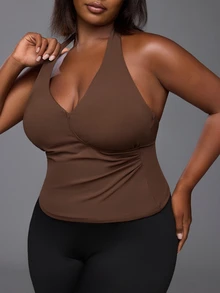 Voyena Plus Size Women's Brown Halter Sports Bra, Ruched Front Padded Crop Tank Top, Deep V Open Back For Yoga Running, Knit Activewear, Fall - Brown - View 6