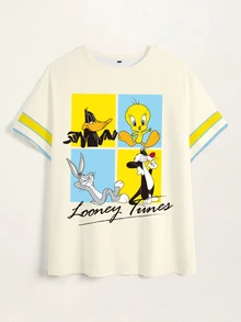 LOONEY TUNES X SHEIN Women's Cartoon Print Casual Daily Short Sleeve T-Shirt - White - View 6