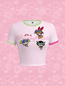 THE POWERPUFF GIRLS X SHEIN Women's Cartoon Print Cropped Fitted T-Shirt - White - View 1