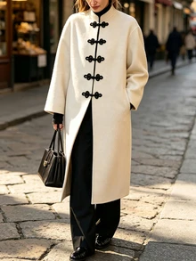 Balvessa Women's New Chinese Style Frog Button Overcoat, Loose Long Jacket, High-End Autumn/Winter Outerwear - Beige - View 1