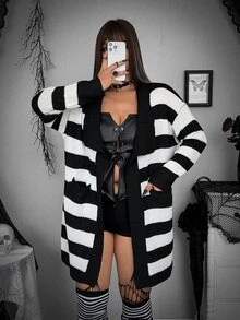 Whyspr Plus Size Women's Colorblock Casual Daily Cardigan - Dark Grey - View 1