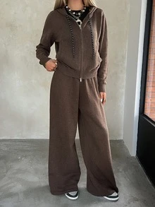 DAZY Women's Autumn/Winter Long Sleeve Zipper Front Drawstring Hooded Knit Cardigan And Knit Pants Casual Set - Brown - View 2