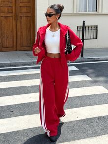 Muchica Setelan Sweatshirt dan Celana Olahraga Wanita Gaya Amerika Baru Musim Gugur/Dingin, Longgar, Warna Merah, dengan Bagian Depan Terbuka dan Hoodie. - Merah - View 1