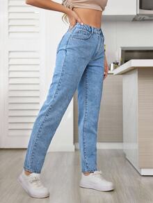 SHEIN Tall Solid Color High Waist Mom-Fit Jeans, Tall Women - Blue - View 5