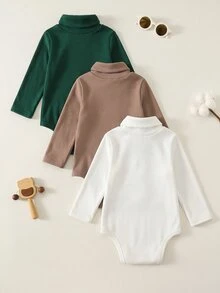 SHEIN 中性新生兒男嬰連身衣，純色保暖內裡加厚高領連身套裝，多件式，嬰兒秋冬裝 - 彩色 - 查看 2