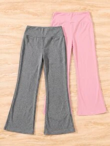 SHEIN Tween女孩秋冬休閒百搭保暖內裡加厚羅紋喇叭褲，附蝴蝶結與高領，2件套 - 彩色 - 查看 3
