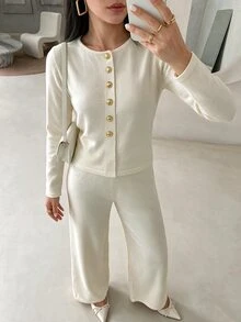 Rue Lumi Knitted Round Neck Commuter Wide Leg Pants Set Women Solid Color Top 2 Pieces Set - Beige - View 5