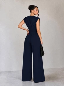 Firerie Black Sleeveless V-Neck One-Piece Pants Elegant Casual Vacation Formal Business French Going Out Ceremony Luxury Wedding Party - Navy Blue - View 2