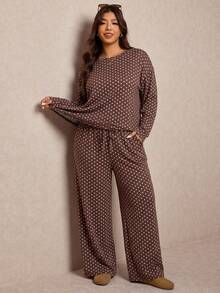 Elaquor Casual Retro Polka Dot Fabric Plus Size Long Sleeve Round Neck Top & Loose Pants 2 Pieces Set Fall - Brown - View 3