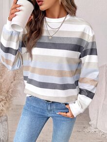 SHEIN LUNE 女款條紋圓領落肩長袖休閒寬鬆衛衣 - 白色 - 查看 4