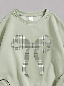 Tween女孩卡其色冬季家庭套裝舒適柔軟保暖格紋蝴蝶結印花長袖秋季童裝 - 白色 - 查看 3