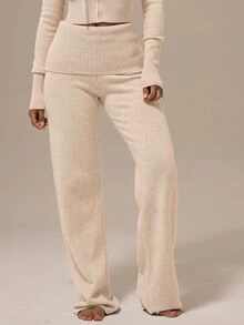 MUSERA ESSENTIALS Heather Grey Ribbed Knit Foldover Waistband Straight Leg Pants Basics Loungewear Casual Everyday Essentials - Cream - View 2