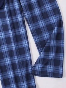 Teen Girl Button Half-Placket Long Sleeve Top And Plaid Pants Loungewear Set - Navy Blue - View 8