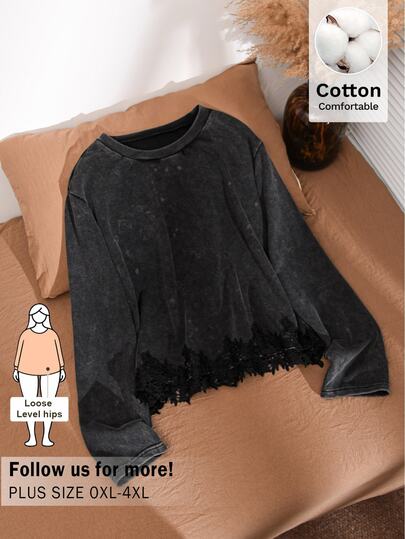 CosyJoli Plus Size Women's Long Sleeve Lace T-Shirt, Casual Women's Clothing, Autumn Outdoor Casual Women's Top, Black Snowflake Pattern Top