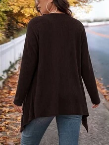 SHEIN LUNE Plus Size Winter Fashion Irregular Collar Design Long Knit Cardigan For Going Out And Work - Coffee Brown - View 2