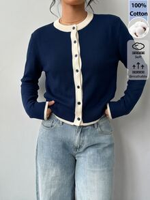 SHEIN BASICS Women's Colorblock Casual Versatile Daily Wear Cardigan - Navy Blue - View 5