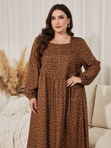 Lacomfia Plus Size Women's Polka Dot Pattern Lantern Sleeve Button Design Casual Dress - Brown - View 1