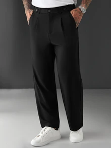 SLATEMANN Pantalones de traje rectos con diseño de botón en la cintura de unicolor para hombres de negocios - Negro - Ver 4