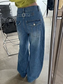 DAZY 對比縫線寬鬆弧形褲管休閒街頭風夏季女款牛仔褲 - 中等水洗藍 - 查看 2