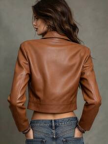 RosyDaze Women's Solid Color PU Leather Fashion Versatile Long Sleeve Jacket - Brown - View 2