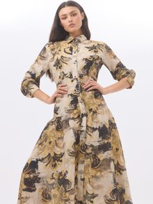 KÆRIA Hus Gaun Midi Bertingkat dengan Kancing Depan - Tenun Slub Halus - Motif Botani Antik - Romantis, Pernyataan - MultiWarna - View 2