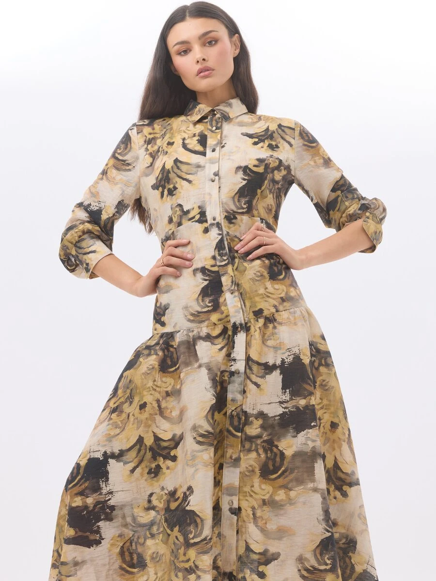KÆRIA Hus Gaun Midi Bertingkat dengan Kancing Depan - Tenun Slub Halus - Motif Botani Antik - Romantis, Pernyataan
