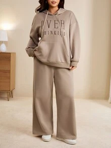 Edennvi Plus Size Women's English Letter Embroidered Ribbed Cuff Hoodie And Pants Khaki 2 Pieces Set, Suitable For Daily Home Wear - Khaki - View 7