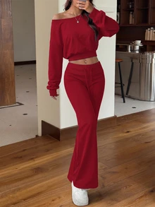 SHEIN EZwear 2件組女款灰色不對稱肩領衛衣喇叭運動褲休閒家居套裝，適合秋季休閒穿著 - 酒紅色 - 查看 4