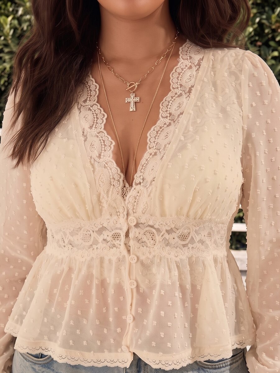GalTyme Plus Size Sweet French Lace Button Shirt - Beige - View 1