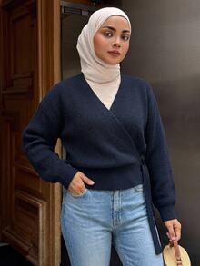 DAZY Women's Solid Color Casual Daily Long Sleeve Sweater Winter - Navy Blue - View 4