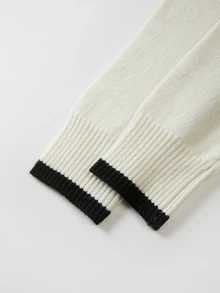 SHEIN Women Chinese Frog Button Contrast Trim Knit Cardigan, Long Sleeve Stand Collar Open Front Knit Jack - Black and White - View 3