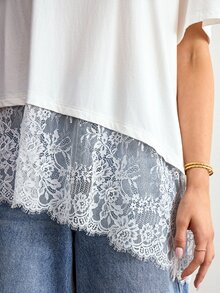 Willow Rêve Women's Round Neck Lace Patchwork Asymmetrical Hem T-Shirt - White - View 6